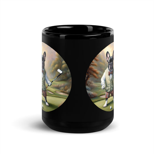 Black Glossy Mug-French Bulldog Golfer V6