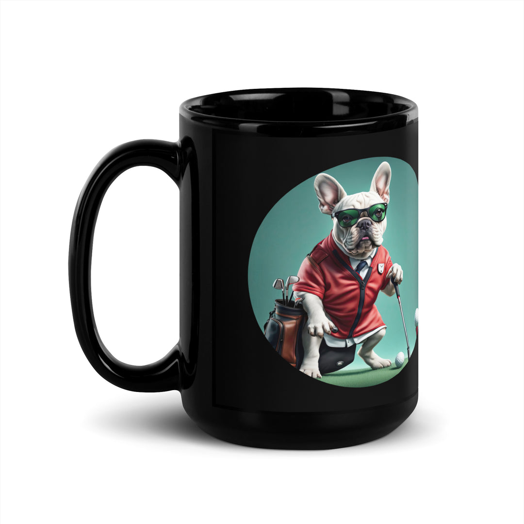 Black Glossy Mug-French Bulldog Golfer V5