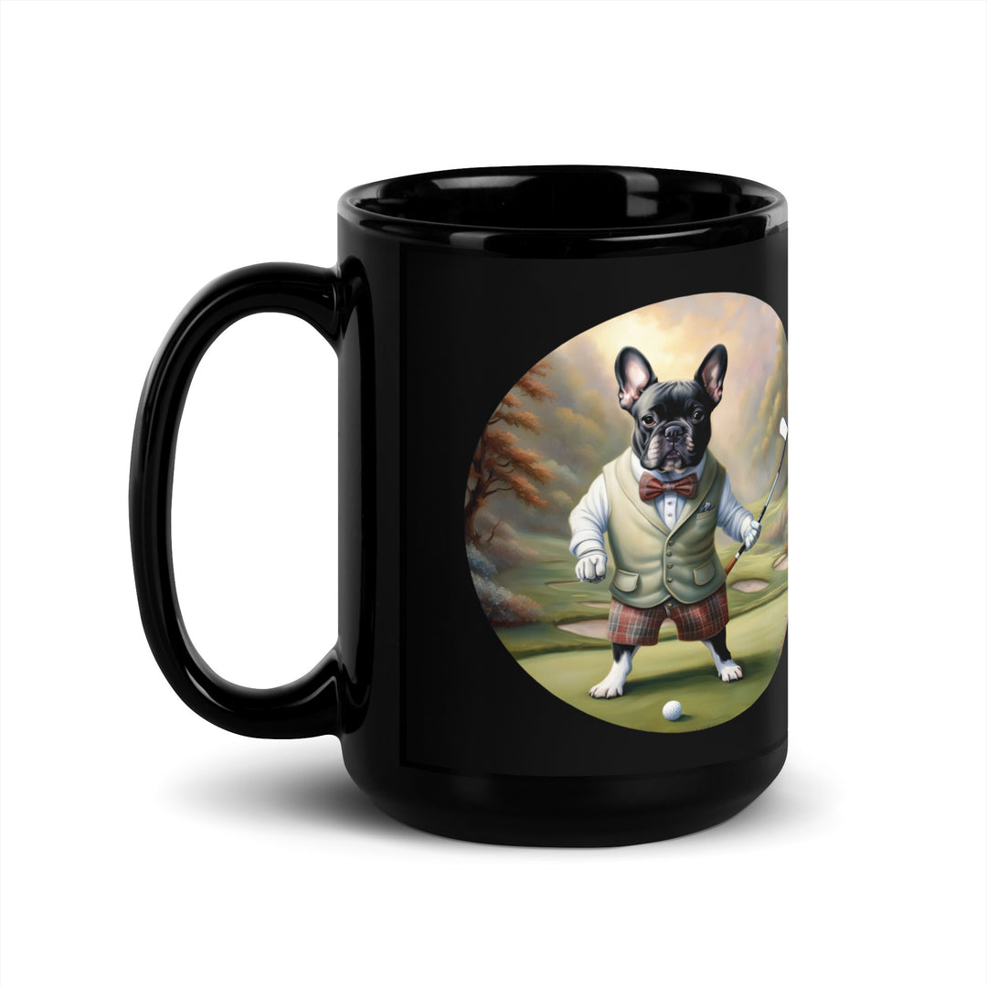 Black Glossy Mug-French Bulldog Golfer V6