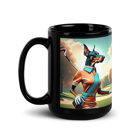 Doberman Pinscher Golfer- Black Glossy Mug