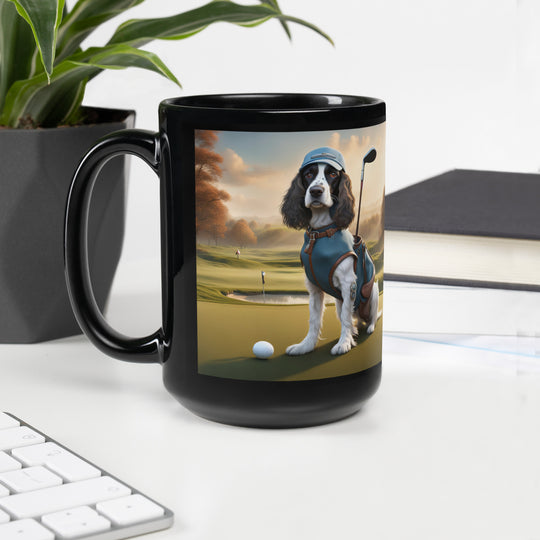 Sprocker Spaniel Golfer- Black Glossy Mug