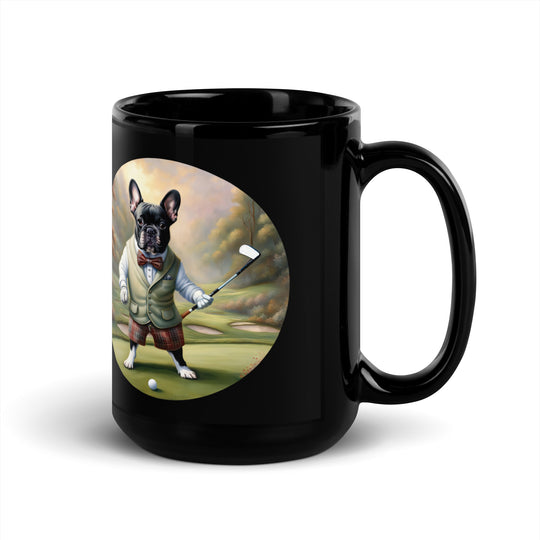 Black Glossy Mug-French Bulldog Golfer V6