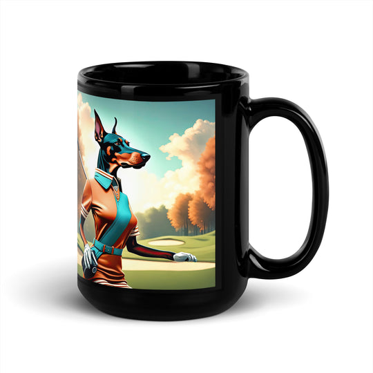 Doberman Pinscher Golfer- Black Glossy Mug