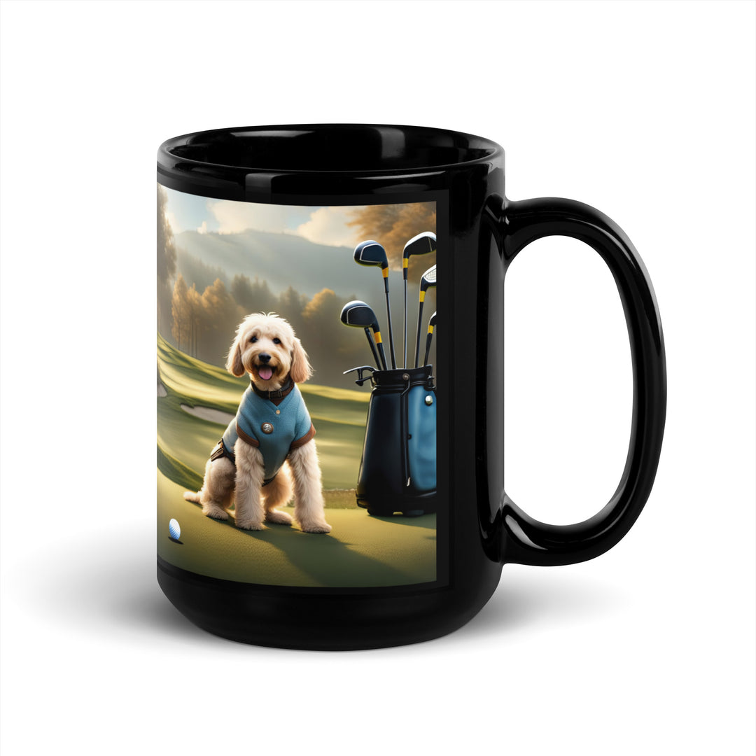 Goldendoodle Golfer- Black Glossy Mug