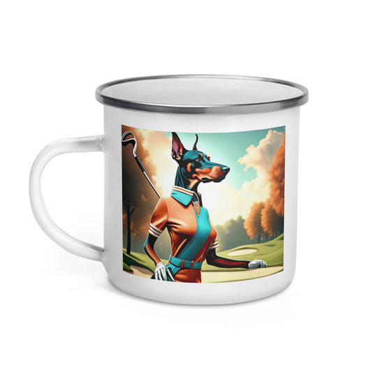 Doberman Pinscher Golfer- Enamel Mug