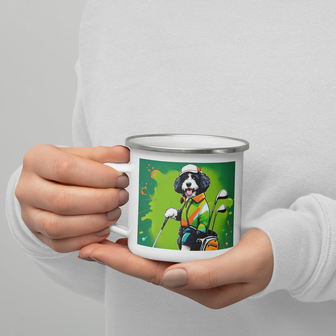 Bernedoodle Golfer- Enamel Mug v8