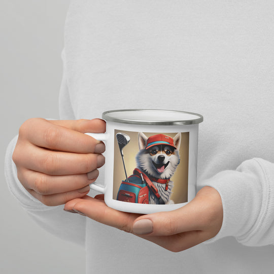 Pomsky Golfer- Enamel Mug v8