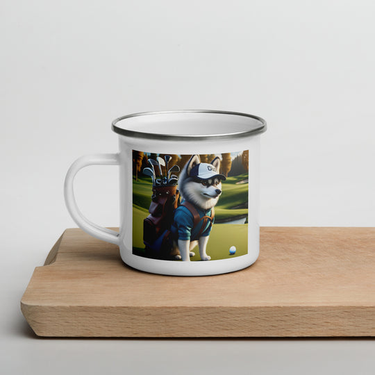 Pomsky Golfer- Enamel Mug v10