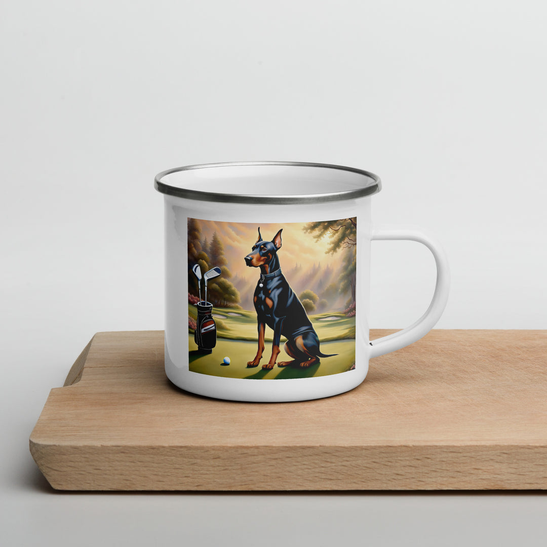 Doberman Pinscher Golfer- Enamel Mug v3