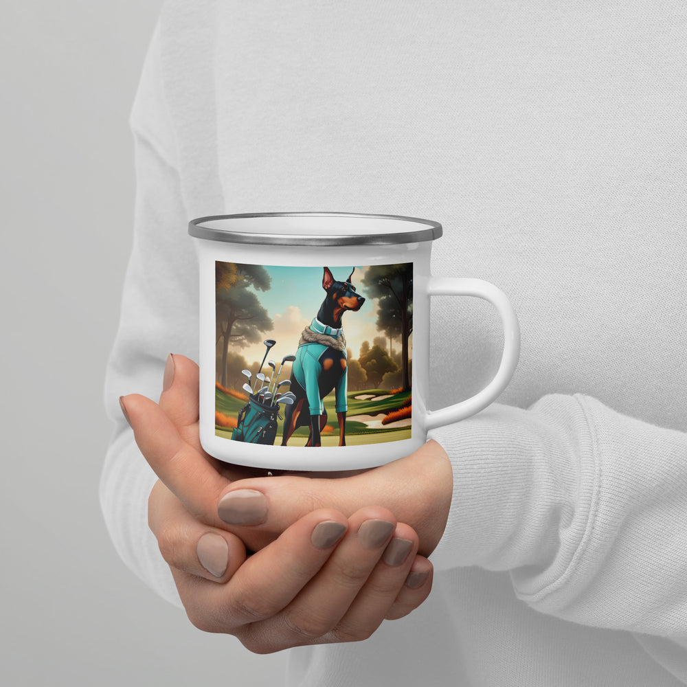 Doberman Pinscher Golfer- Enamel Mug v4