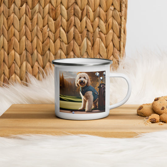 Goldendoodle Golfer- Enamel Mug v4