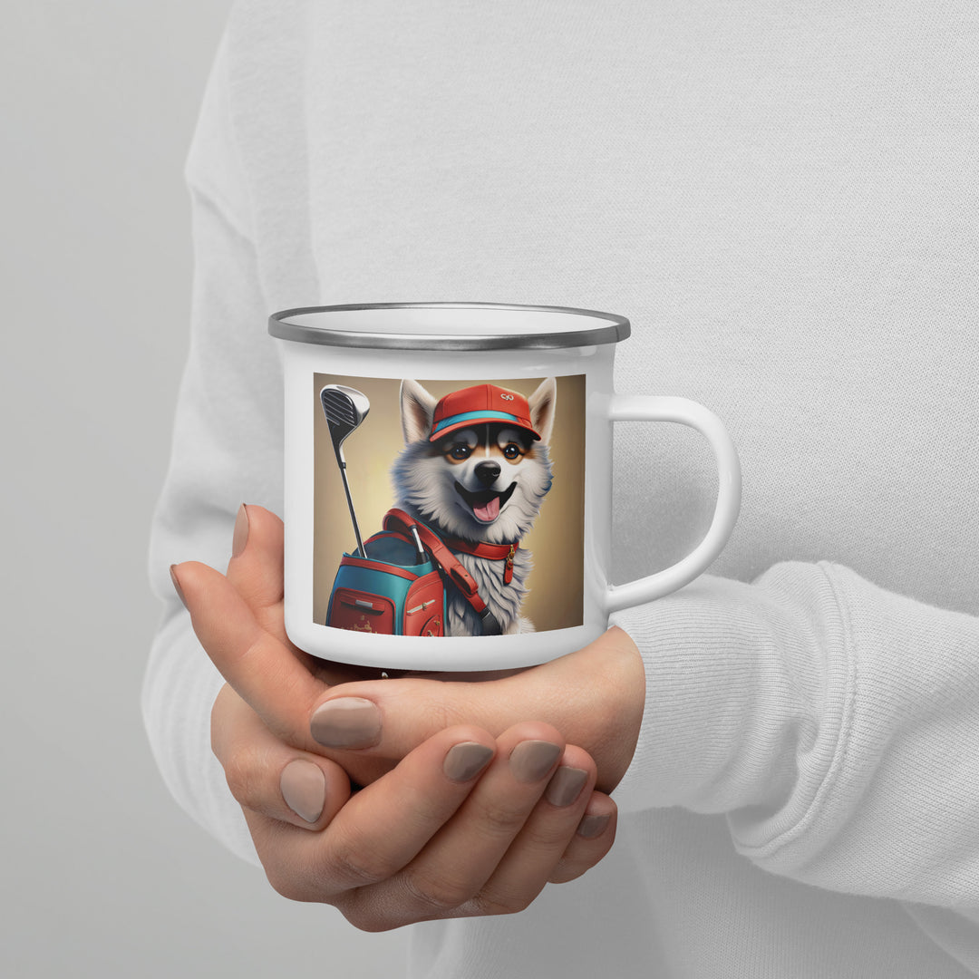 Pomsky Golfer- Enamel Mug v8