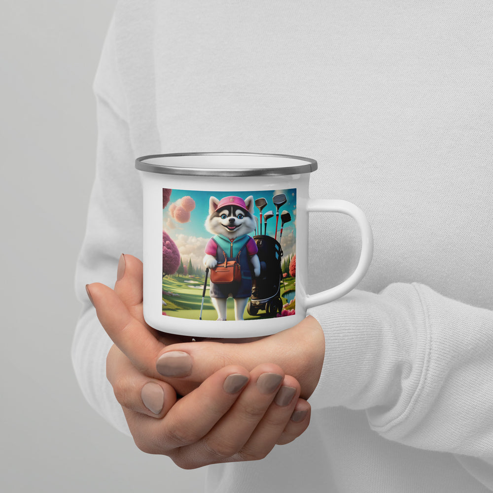 Pomsky Golfer- Enamel Mug v13