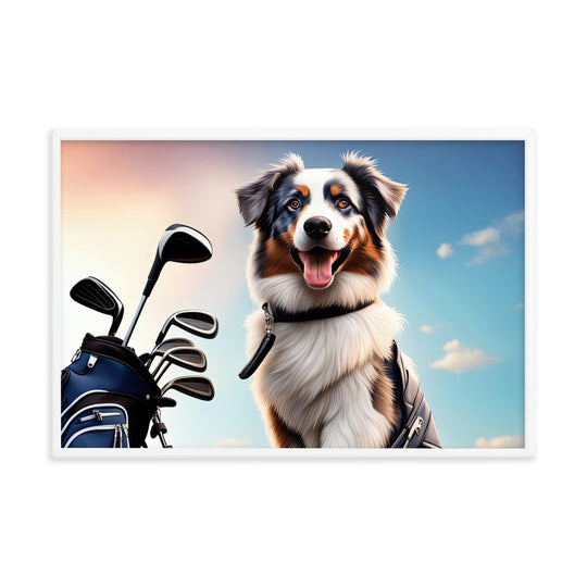 Australian Shepherd Golfer- Framed poster