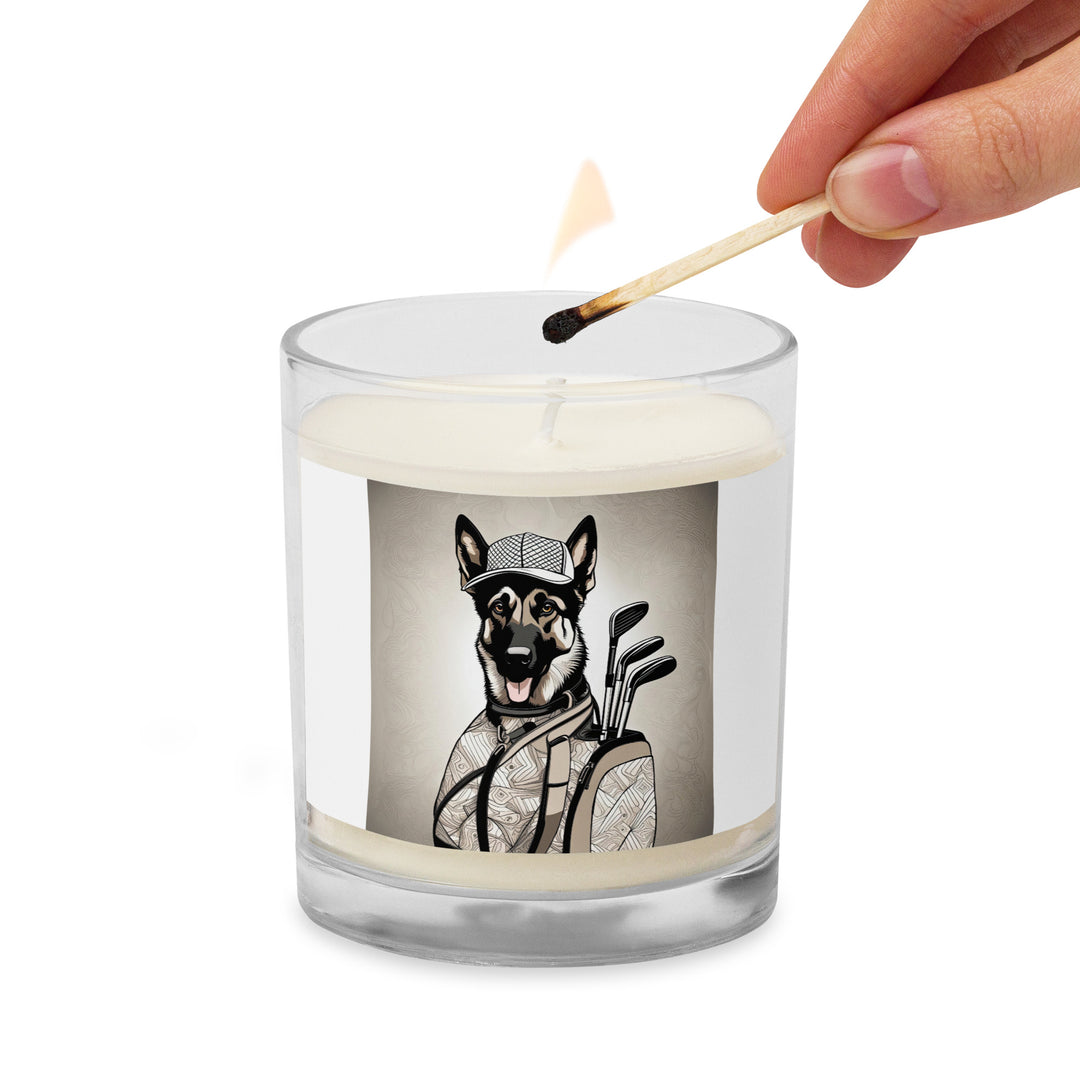 German Shepherd Golfer- Glass jar soy wax candle v4