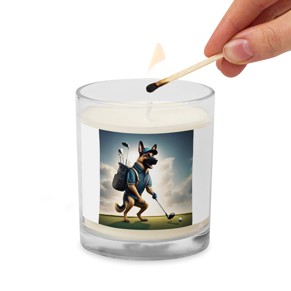 German Shepherd Golfer- Glass jar soy wax candle v5