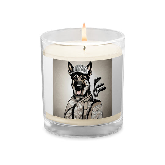 German Shepherd Golfer- Glass jar soy wax candle v4