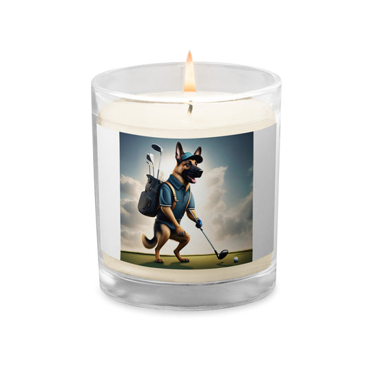 German Shepherd Golfer- Glass jar soy wax candle v5