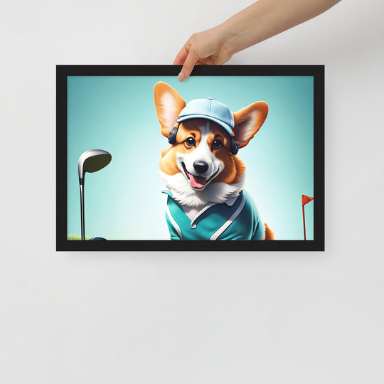 Pembroke Welsh Corgi Golfer- Framed photo paper poster