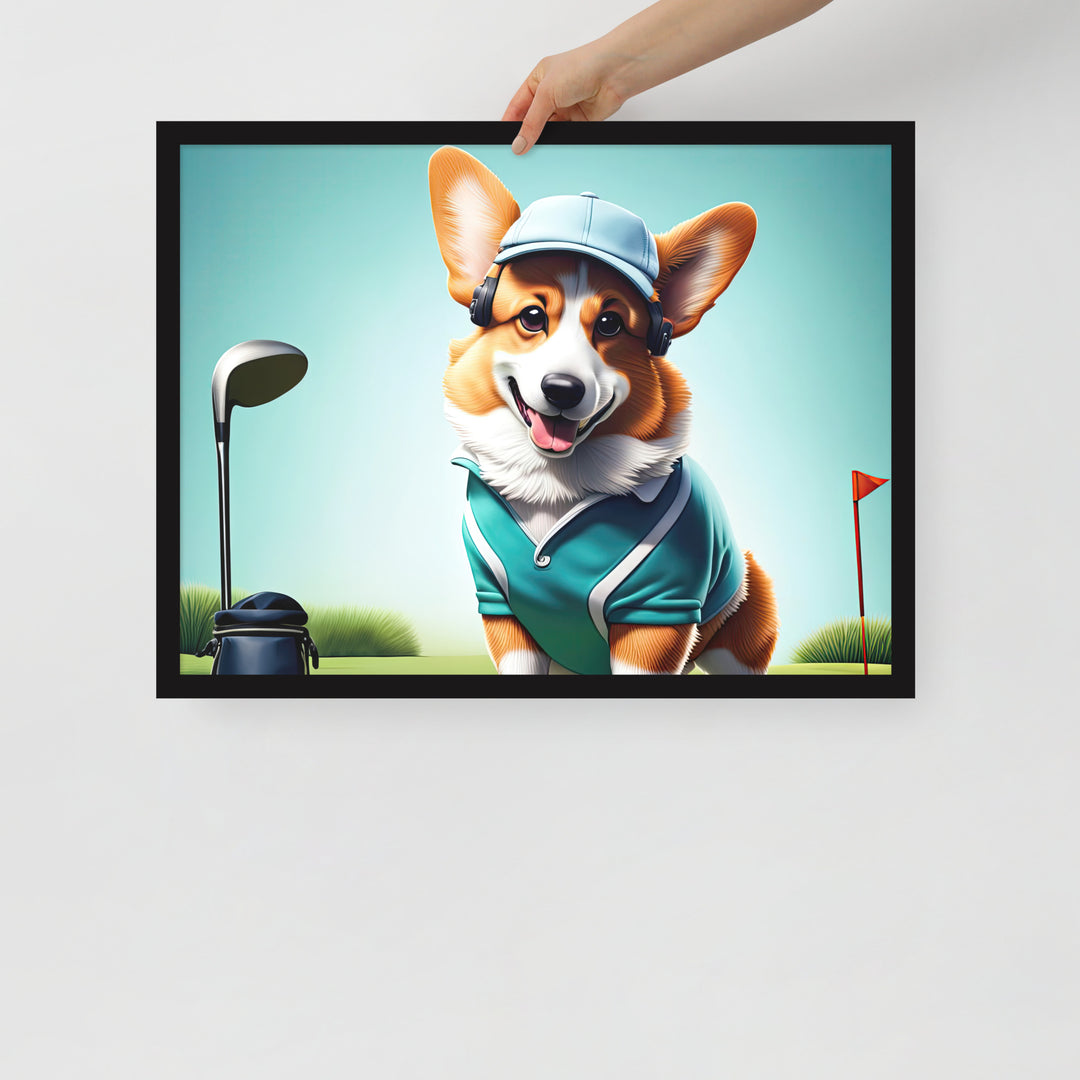 Pembroke Welsh Corgi Golfer- Framed photo paper poster