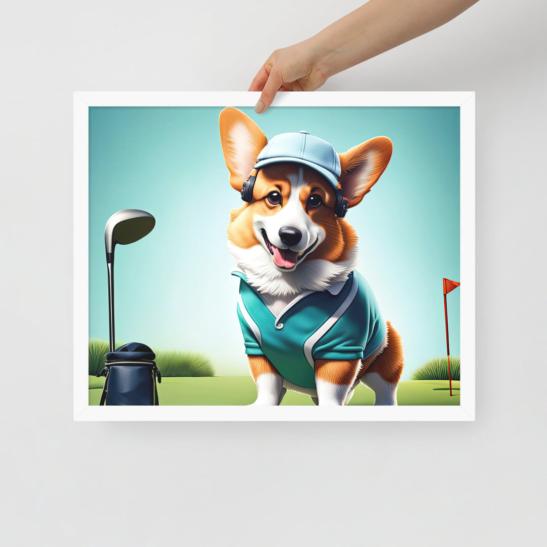 Pembroke Welsh Corgi Golfer- Framed photo paper poster