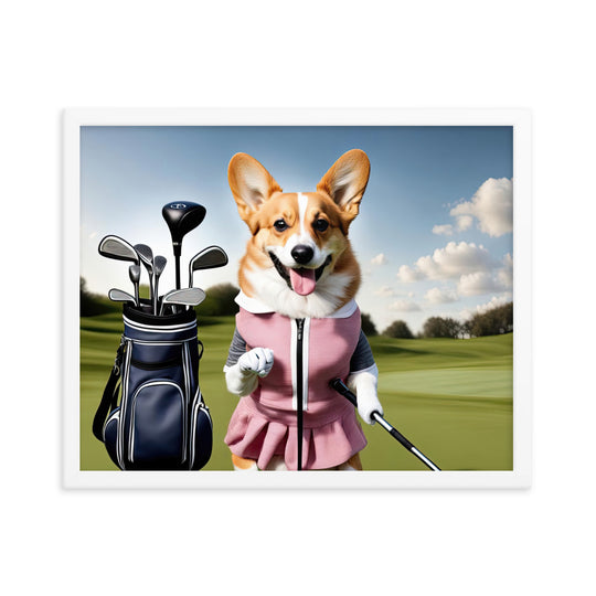 Pembroke Welsh Corgi Golfer- Framed photo paper poster v5