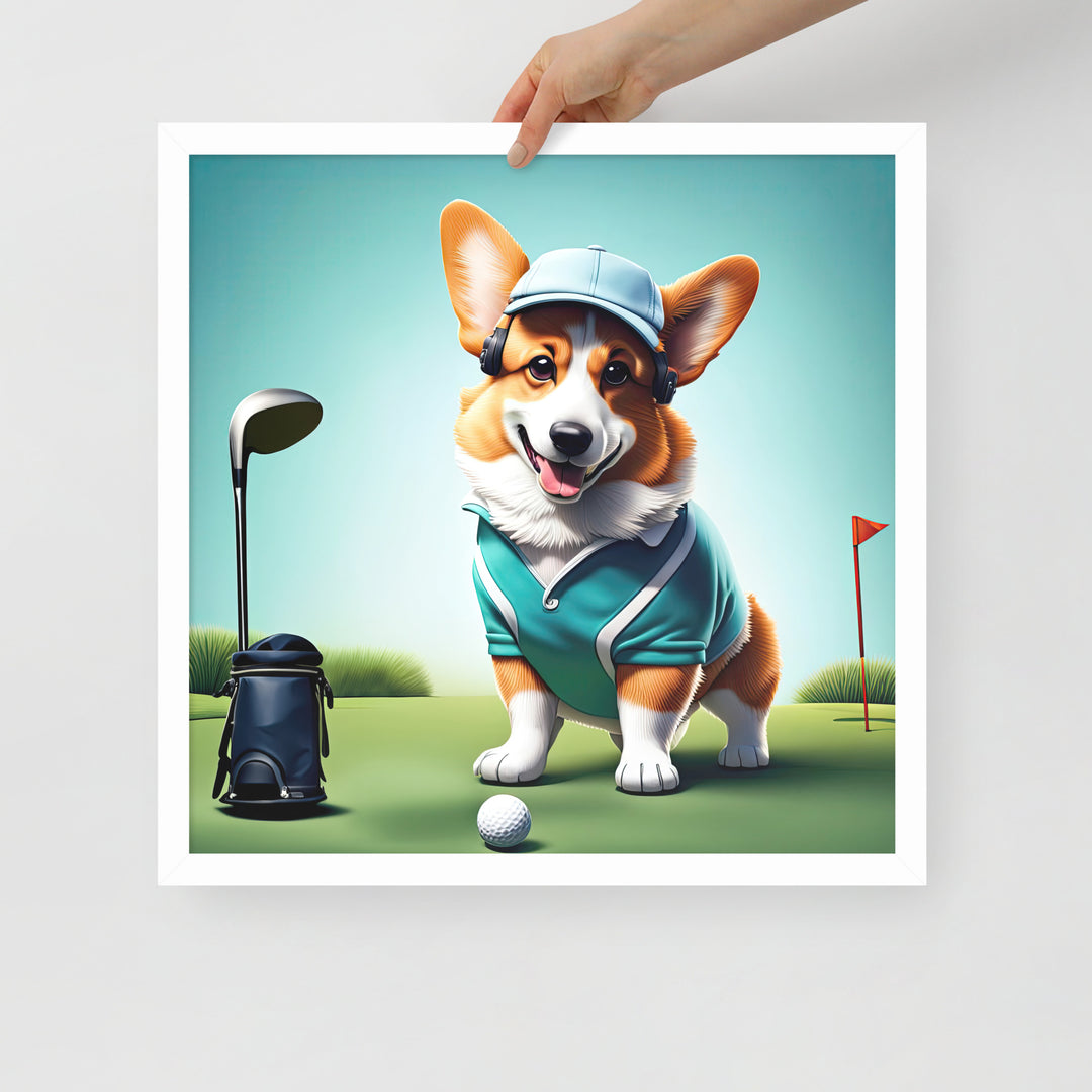 Pembroke Welsh Corgi Golfer- Framed photo paper poster