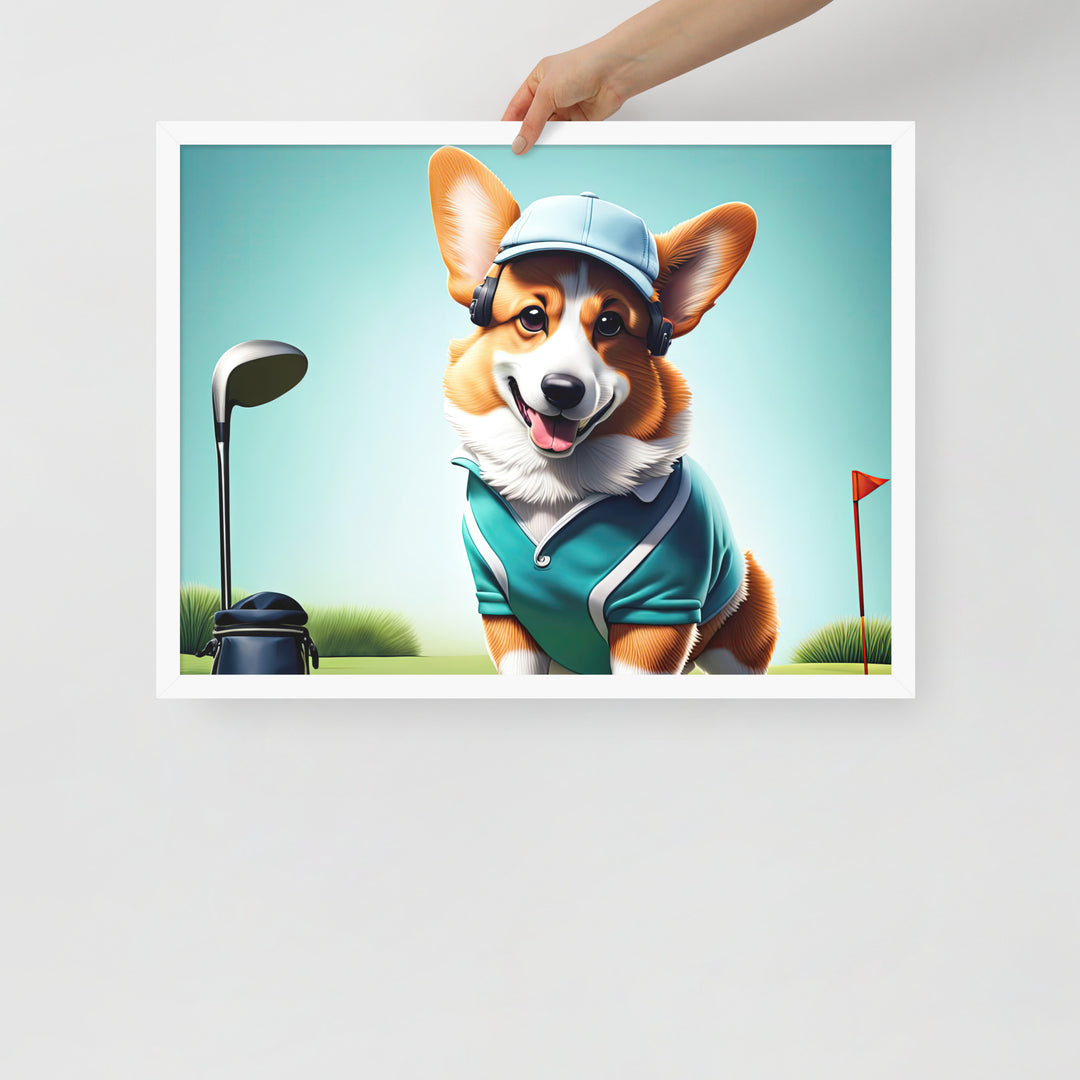 Pembroke Welsh Corgi Golfer- Framed photo paper poster