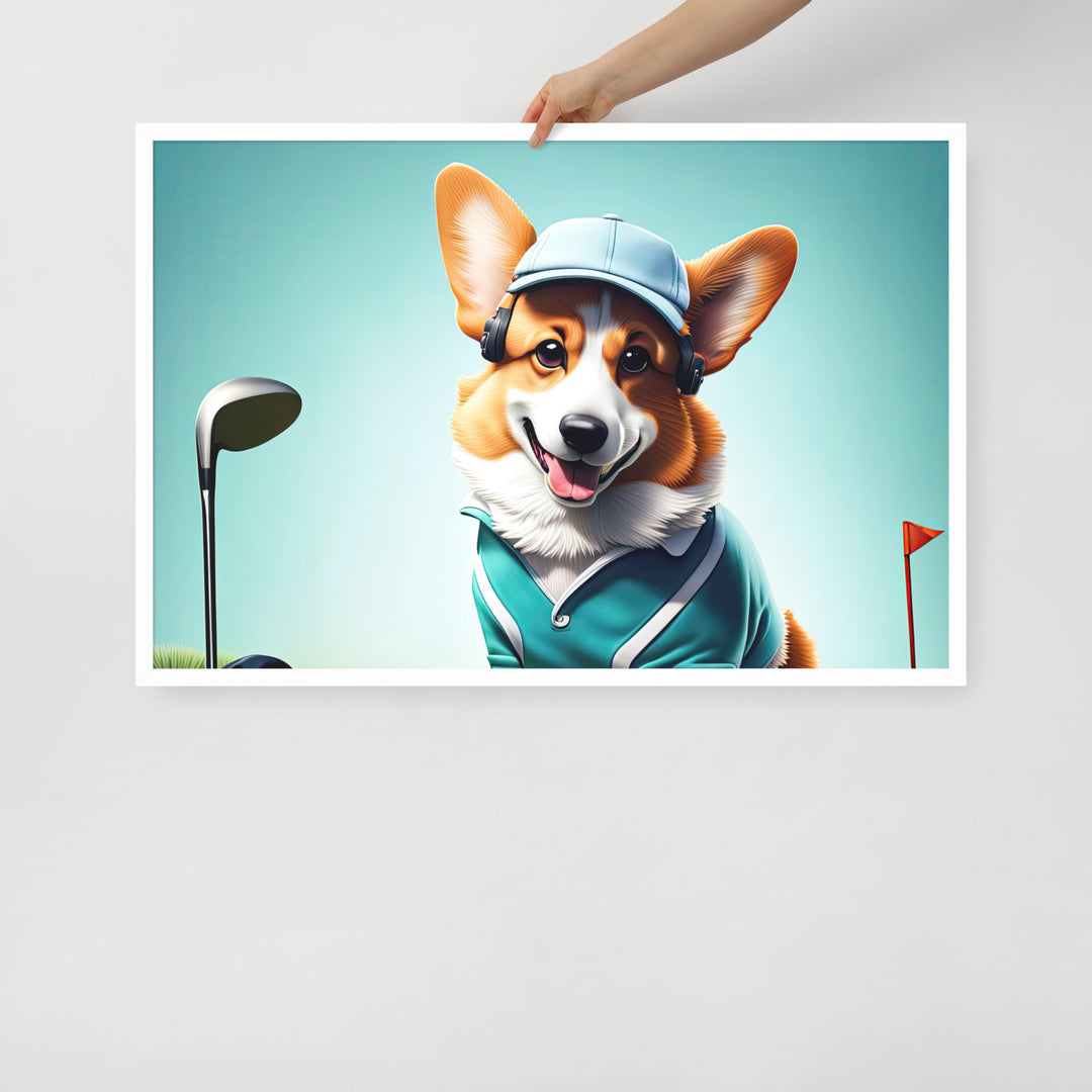 Pembroke Welsh Corgi Golfer- Framed photo paper poster