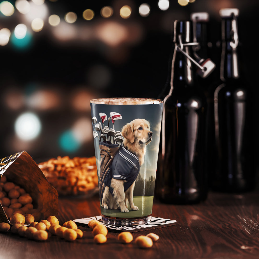 Golden Retriever Golfer- Shaker pint glass v5