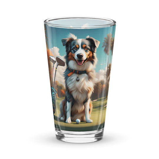 Australian Shepherd Golfer- Shaker pint glass v2