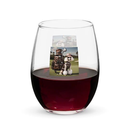Poodle Golfer- Stemless Wine Glass v3