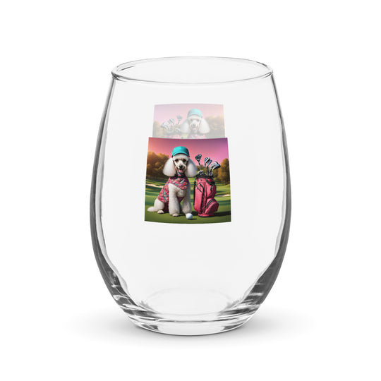 Poodle Golfer- Stemless Wine Glass v5