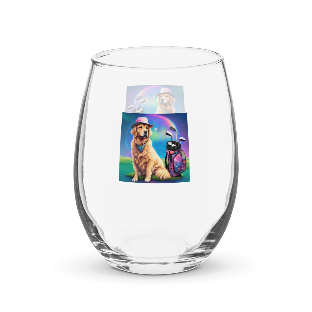 Golden Retriever Golfer- Stemless wine glass v2