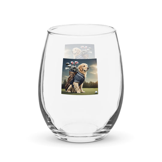 Golden Retriever Golfer- Stemless wine glass v5