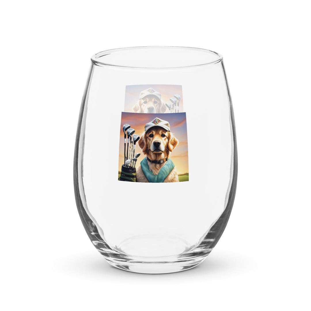 Golden Retriever Golfer- Stemless wine glass v4