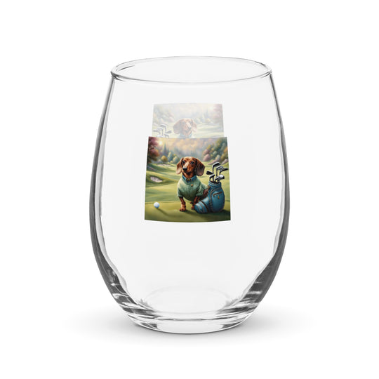 Dachshund Golfer- Stemless Wine Glass