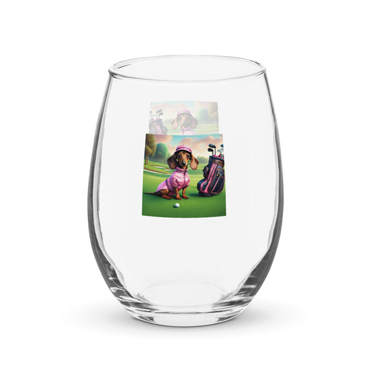 Dachshund Golfer- Stemless Wine Glass v2