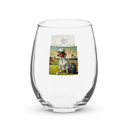 Dachshund Golfer- Stemless Wine Glass v3