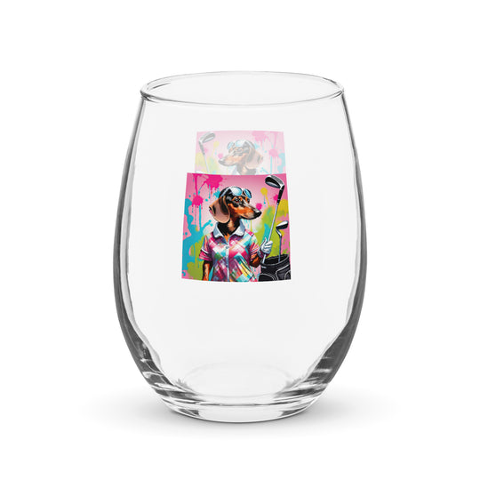 Dachshund Golfer- Stemless Wine Glass v4