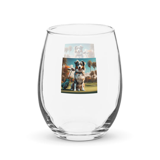 Australian Shepherd Golfer- Stemless wine glass v2