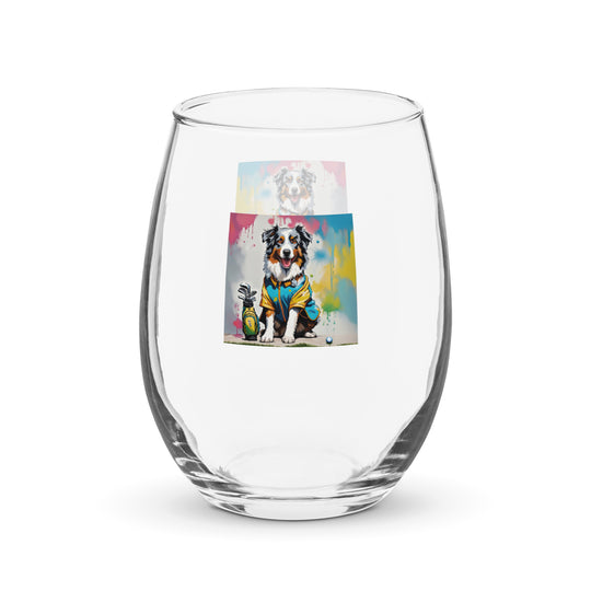 Australian Shepherd Golfer- Stemless wine glass v3