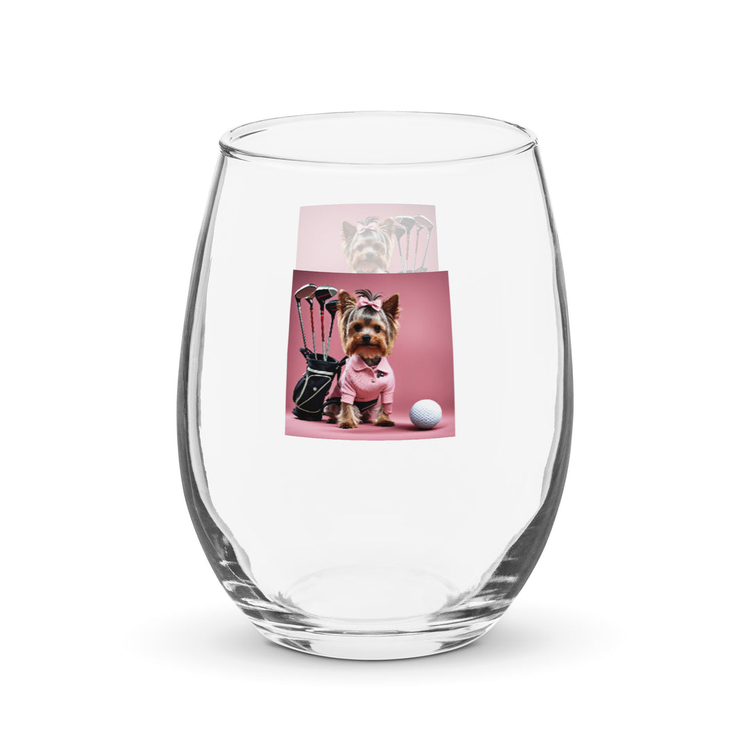 Yorkshire Terrier Golfer- Stemless wine glass