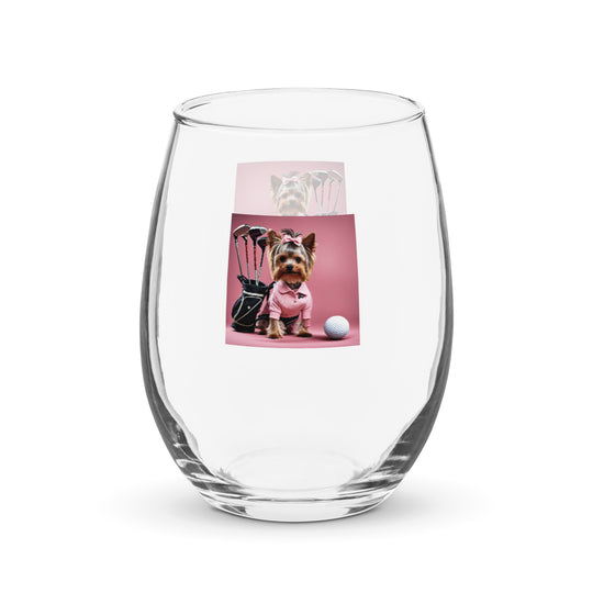 Yorkshire Terrier Golfer- Stemless wine glass