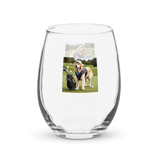 Golden Retriever Golfer- Stemless wine glass v3