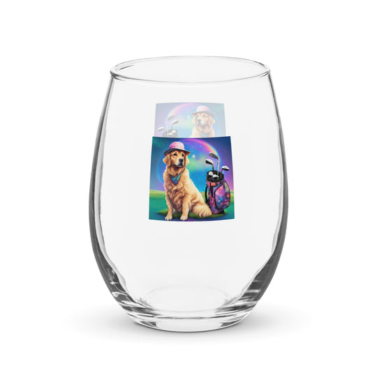 Golden Retriever Golfer- Stemless wine glass v2