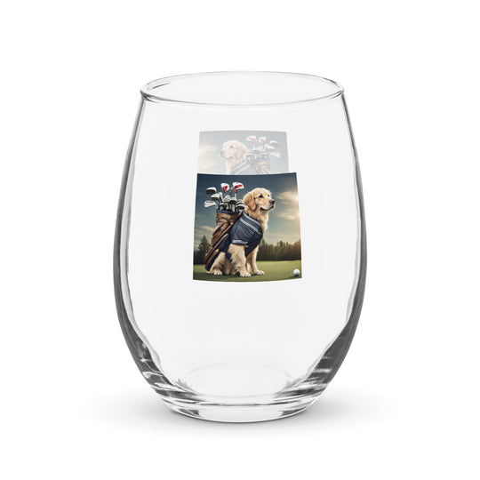 Golden Retriever Golfer- Stemless wine glass v5