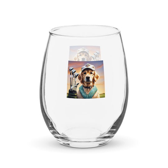 Golden Retriever Golfer- Stemless wine glass v4