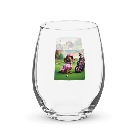 Dachshund Golfer- Stemless Wine Glass v2