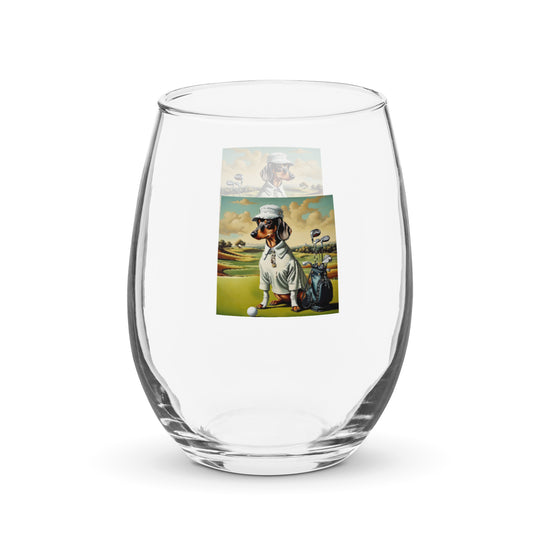 Dachshund Golfer- Stemless Wine Glass v3